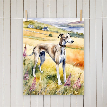 Greyhound among flowers and hills - Poster - Sighthound Creatives