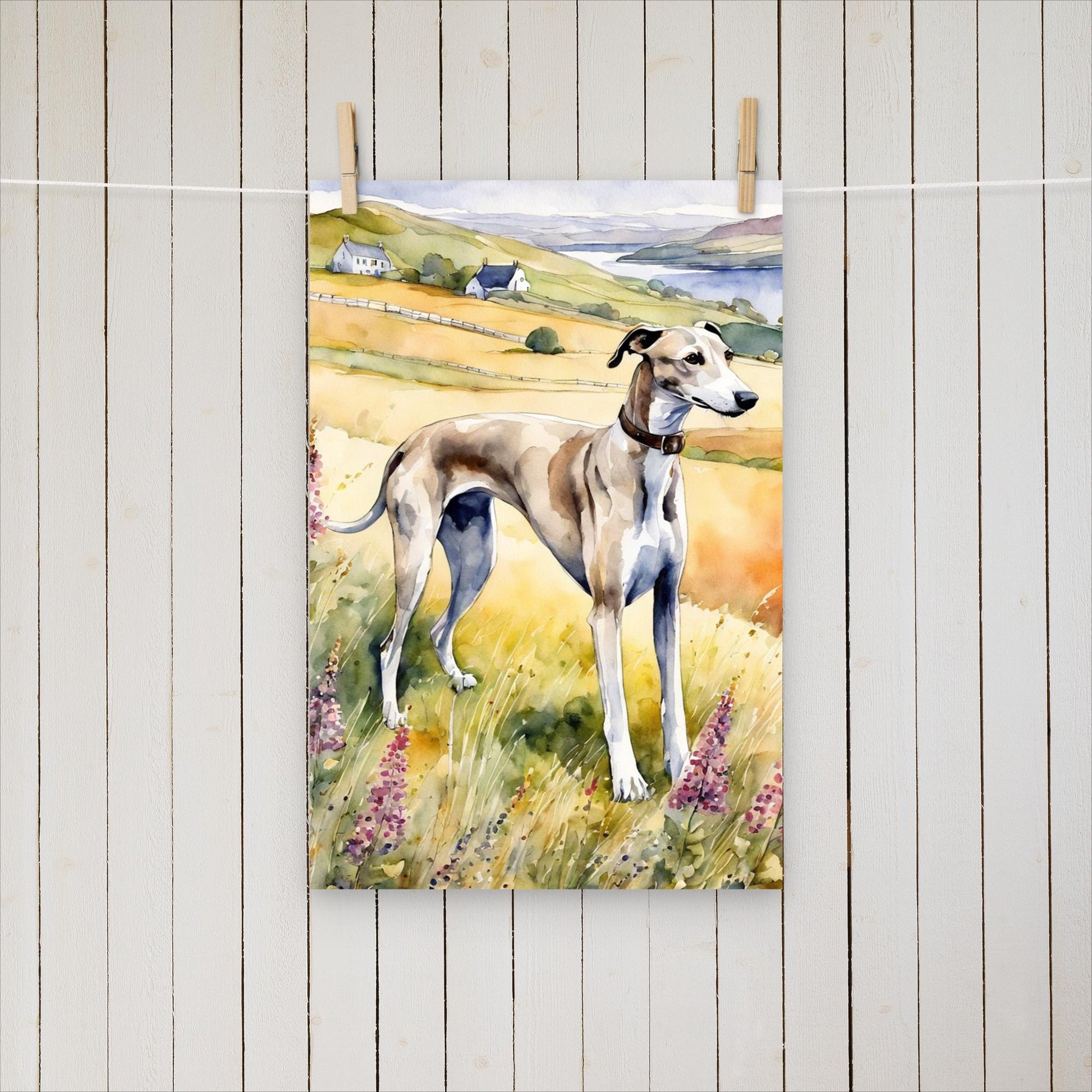 Greyhound among flowers and hills - Poster - Sighthound Creatives