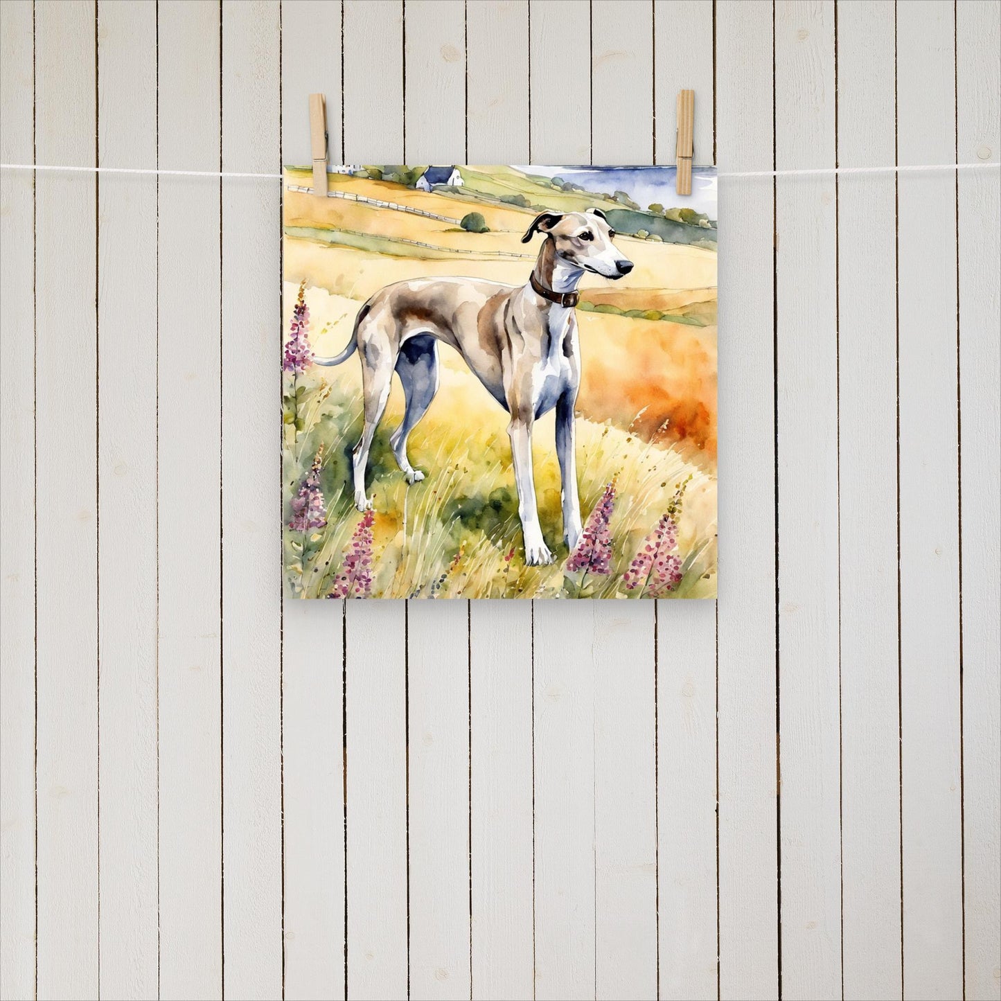 Greyhound among flowers and hills - Poster - Sighthound Creatives