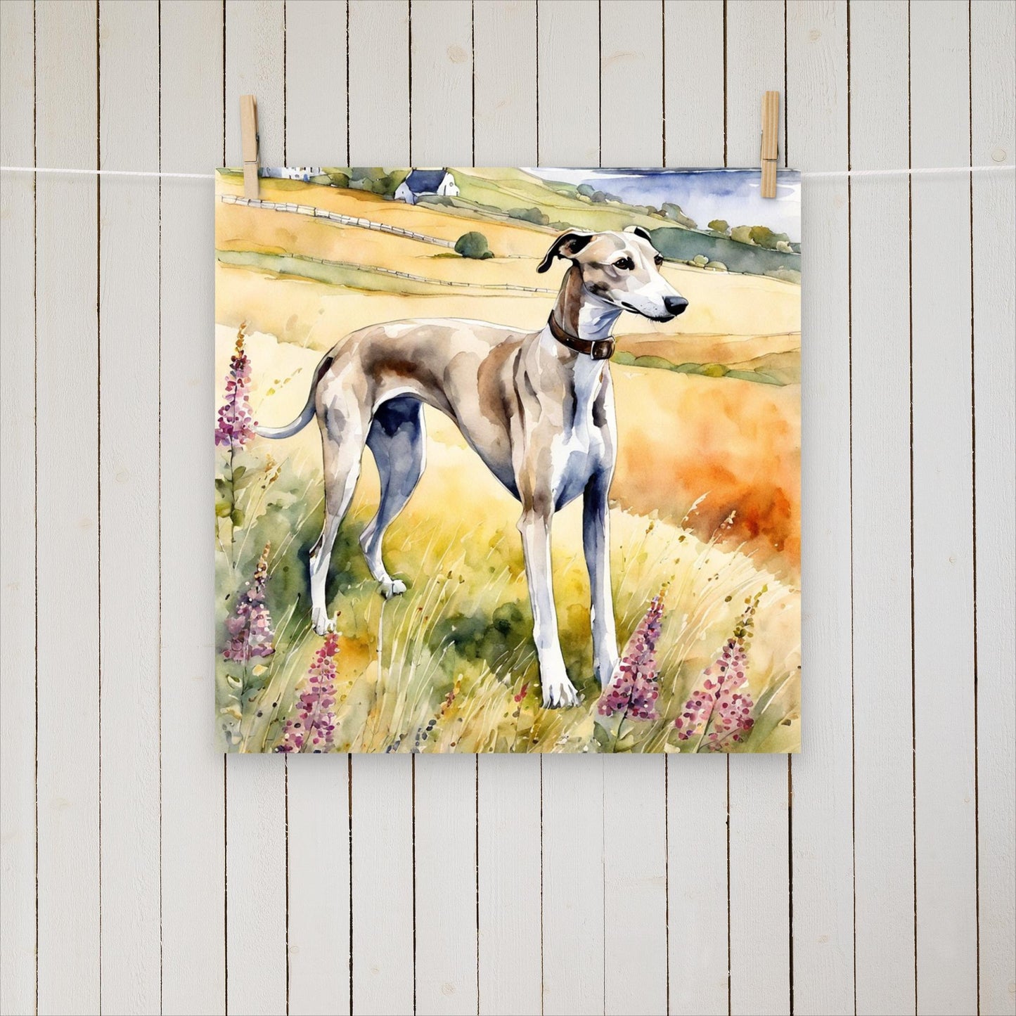 Greyhound among flowers and hills - Poster - Sighthound Creatives