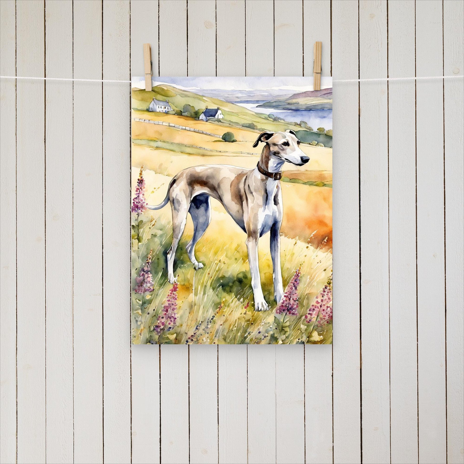 Greyhound among flowers and hills - Poster - Sighthound Creatives