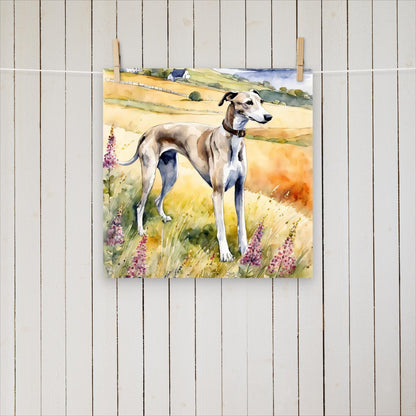 Greyhound among flowers and hills - Poster - Sighthound Creatives