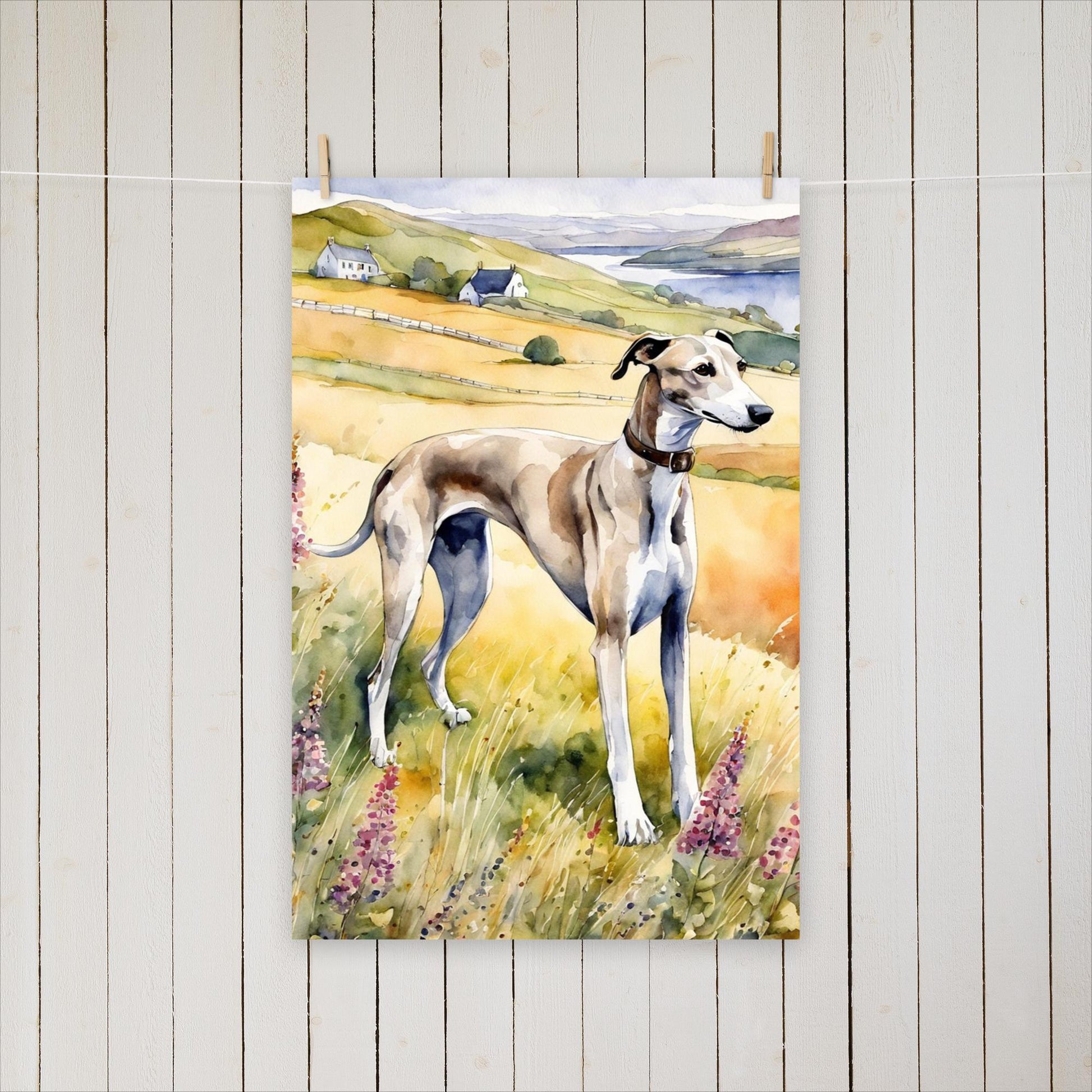 Greyhound among flowers and hills - Poster - Sighthound Creatives