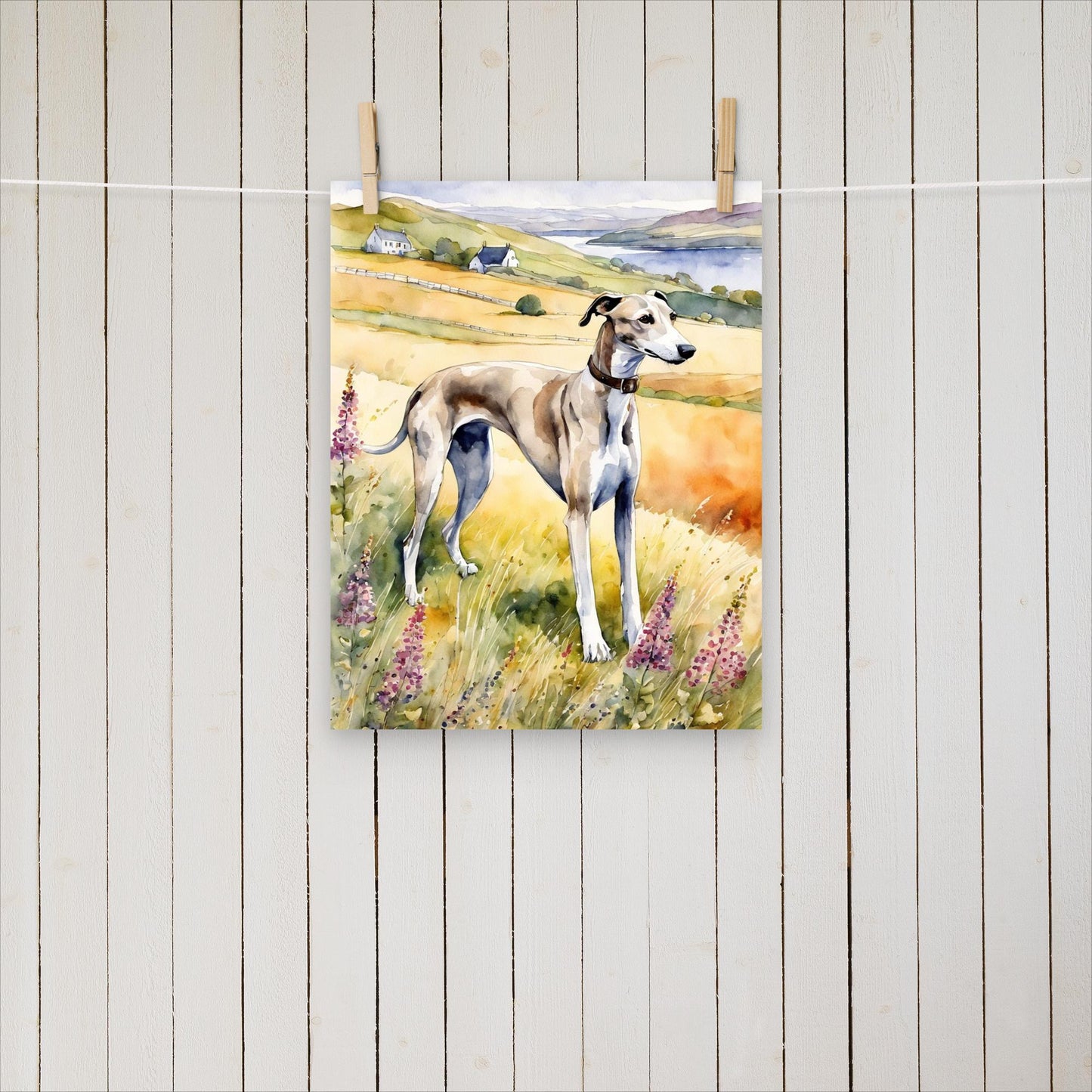 Greyhound among flowers and hills - Poster - Sighthound Creatives