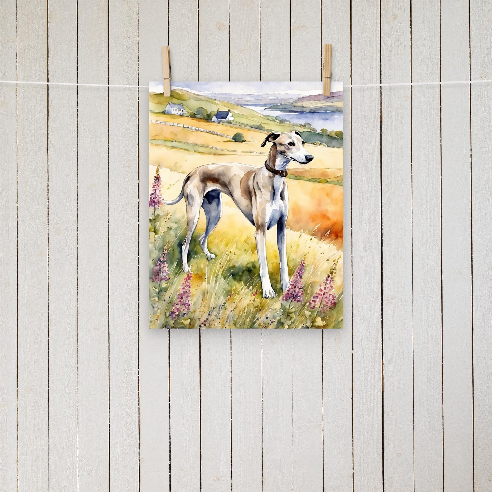 Greyhound among flowers and hills - Poster - Sighthound Creatives