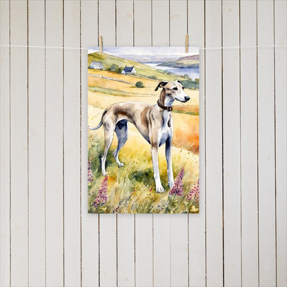 Greyhound among flowers and hills - Poster - Sighthound Creatives