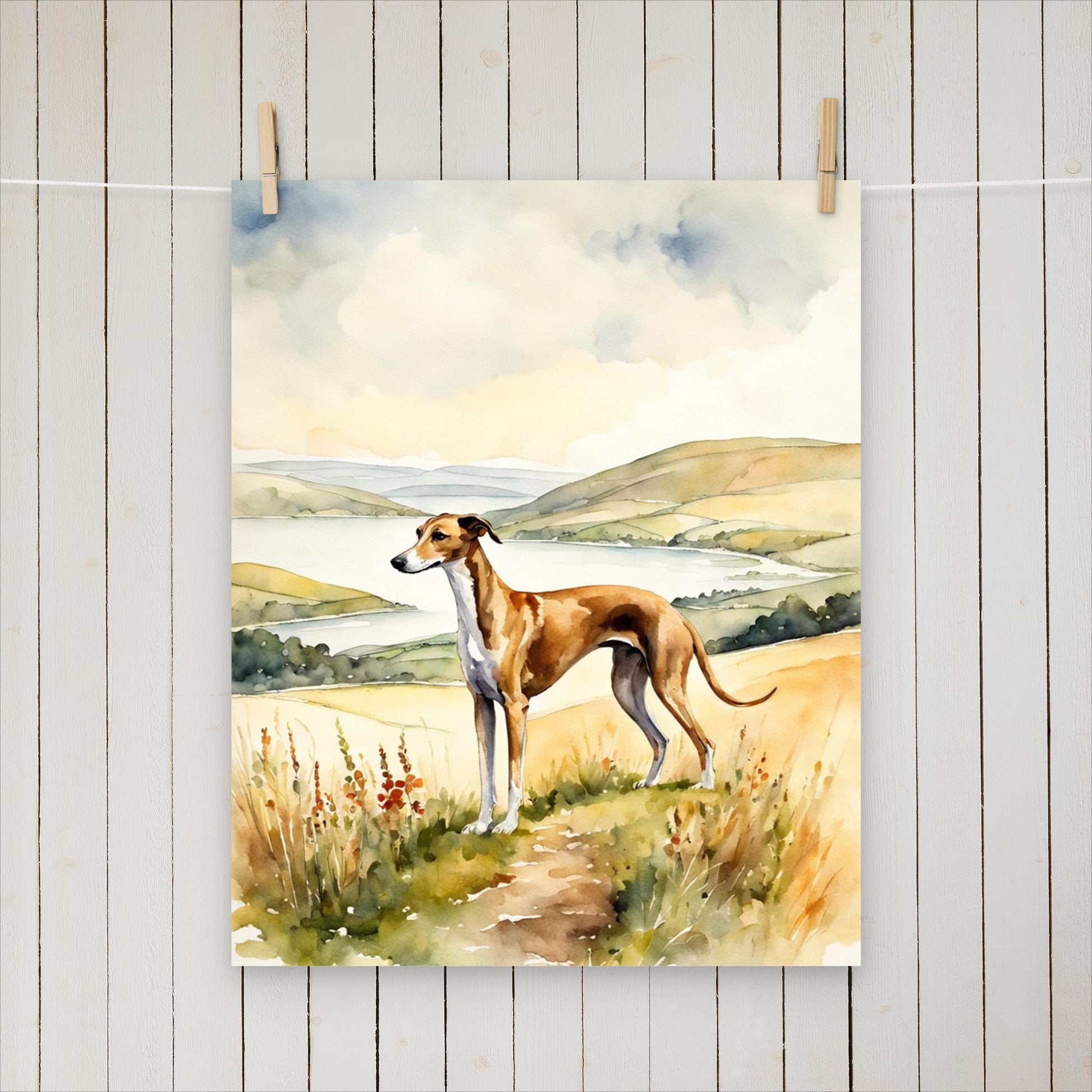 Greyhound on a hill by a lake - Poster - Sighthound Creatives