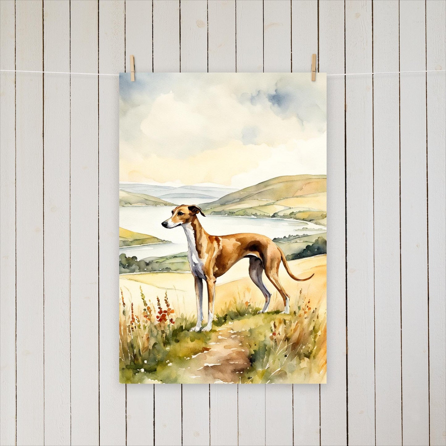 Greyhound on a hill by a lake - Poster - Sighthound Creatives