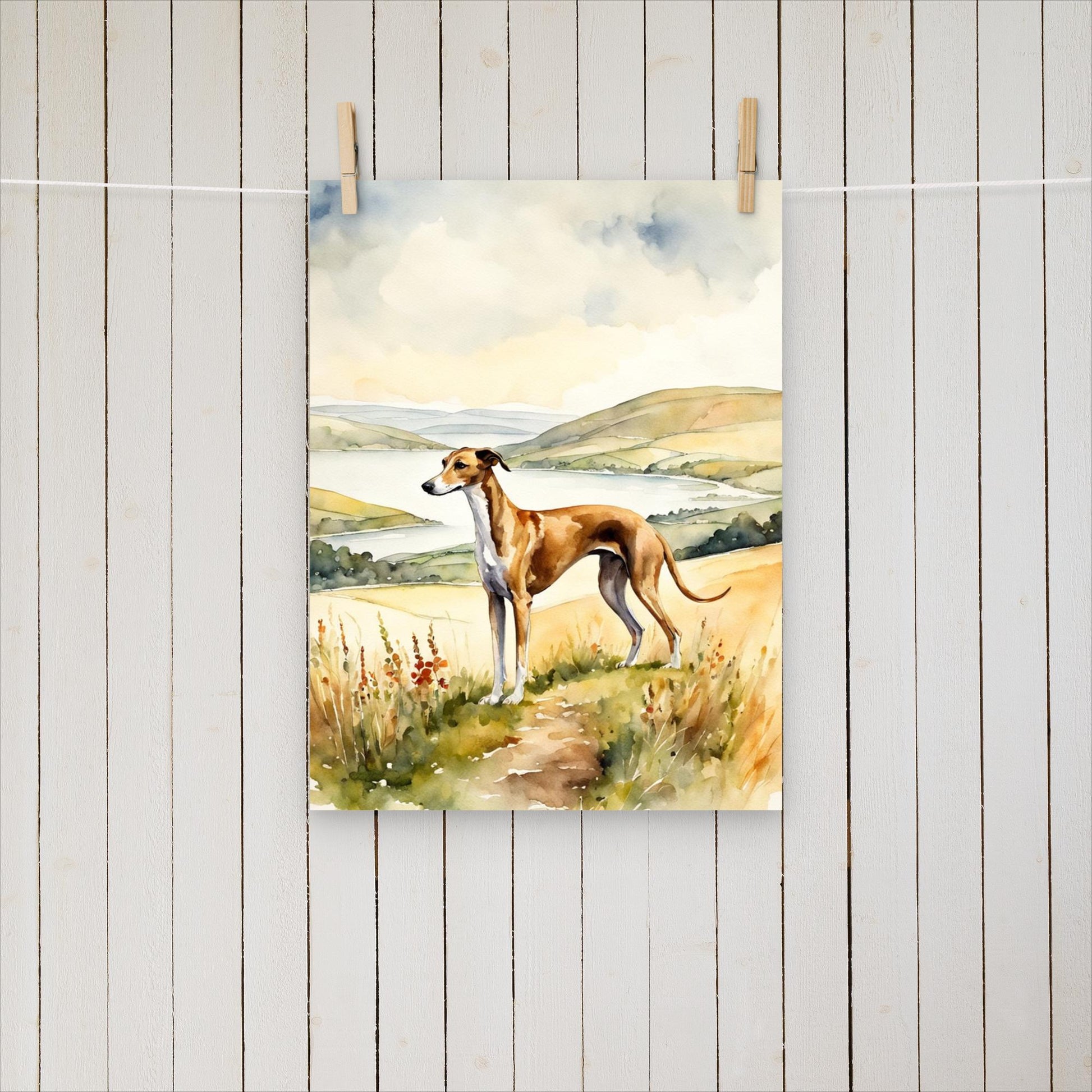 Greyhound on a hill by a lake - Poster - Sighthound Creatives