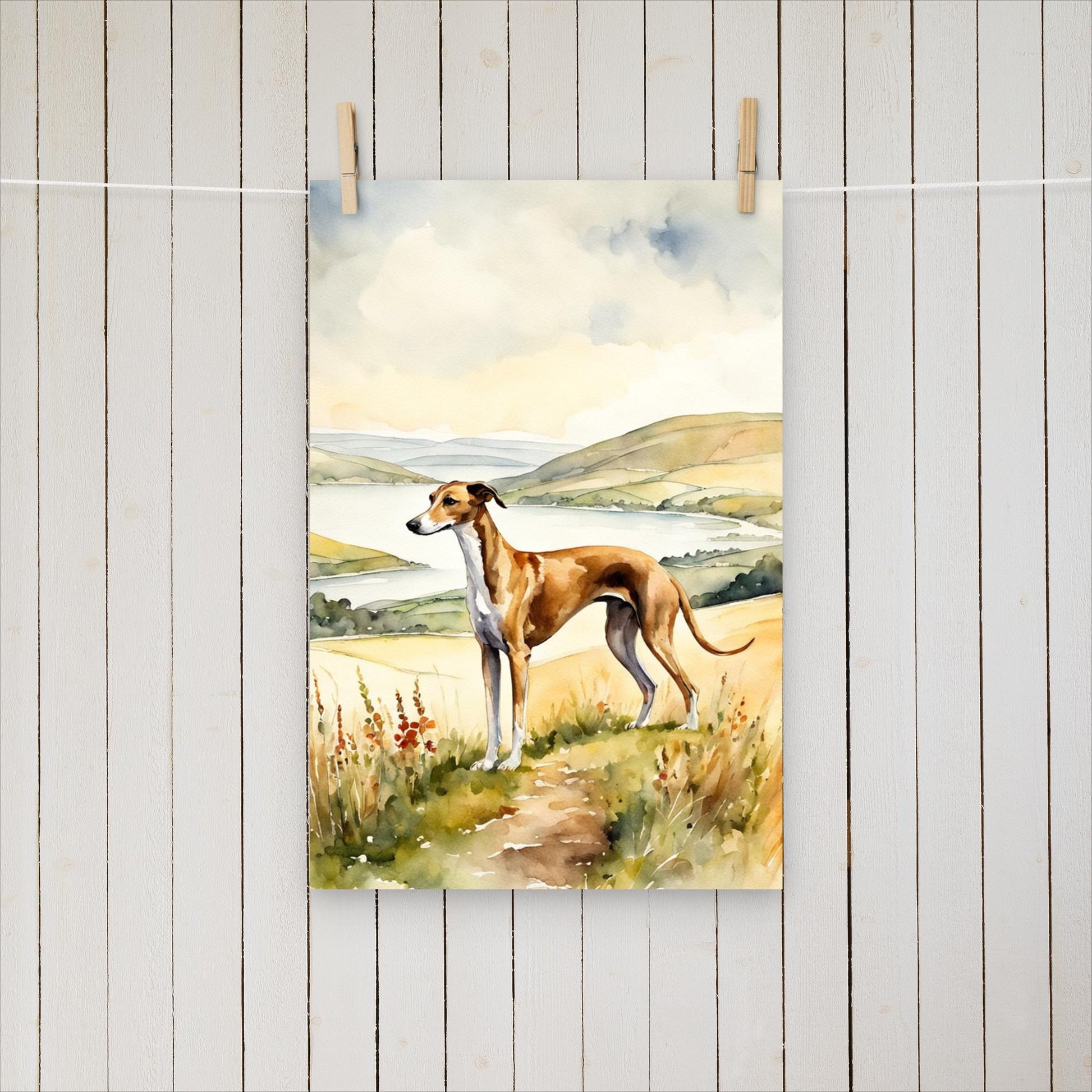 Greyhound on a hill by a lake - Poster - Sighthound Creatives