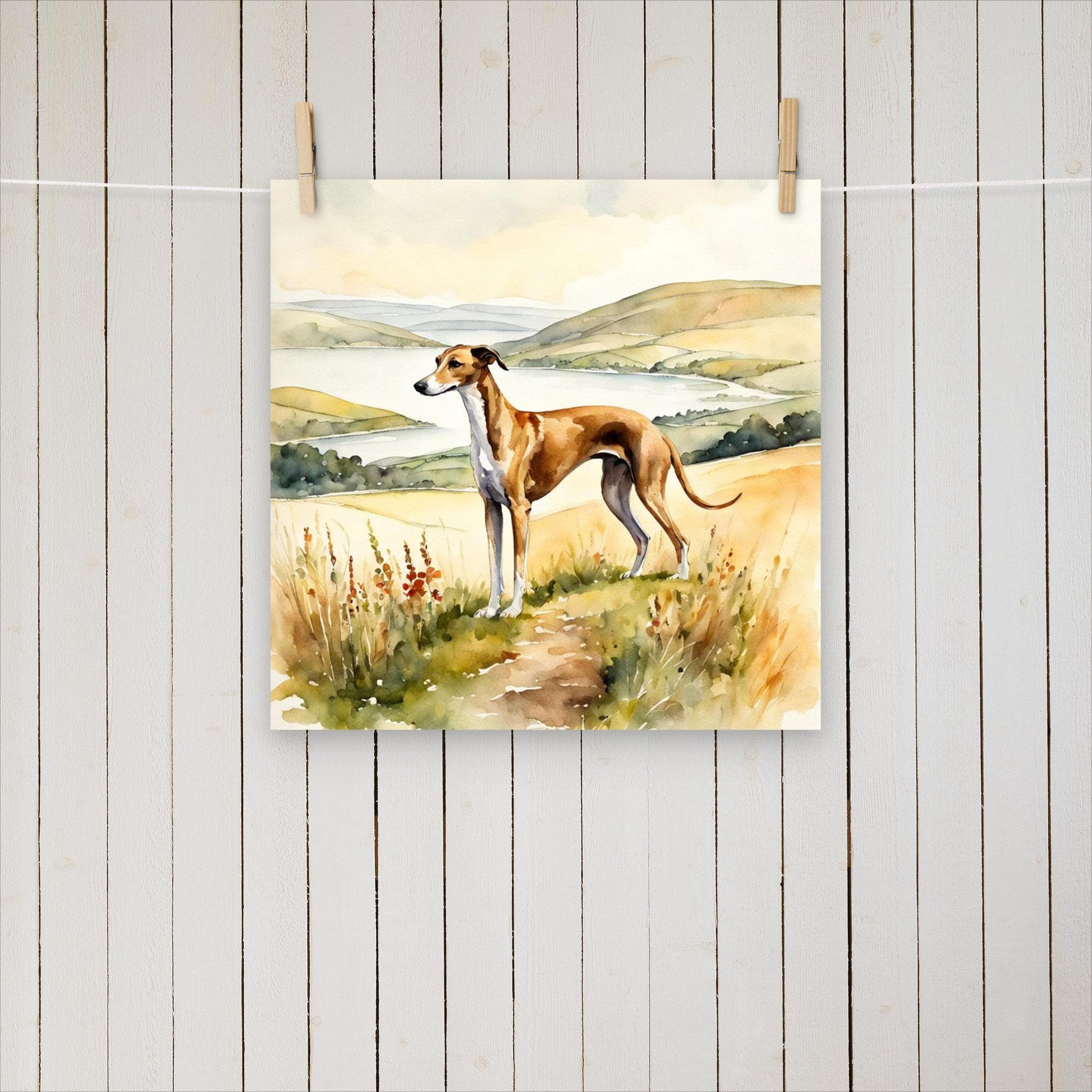 Greyhound on a hill by a lake - Poster - Sighthound Creatives