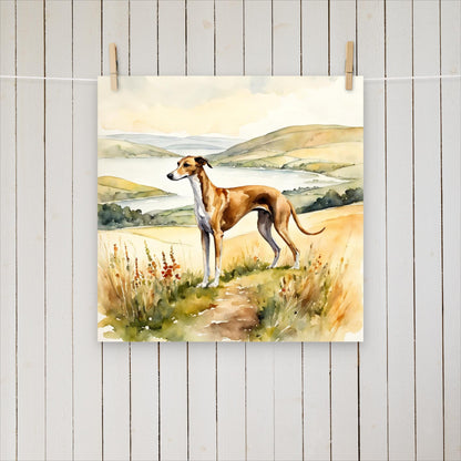 Greyhound on a hill by a lake - Poster - Sighthound Creatives