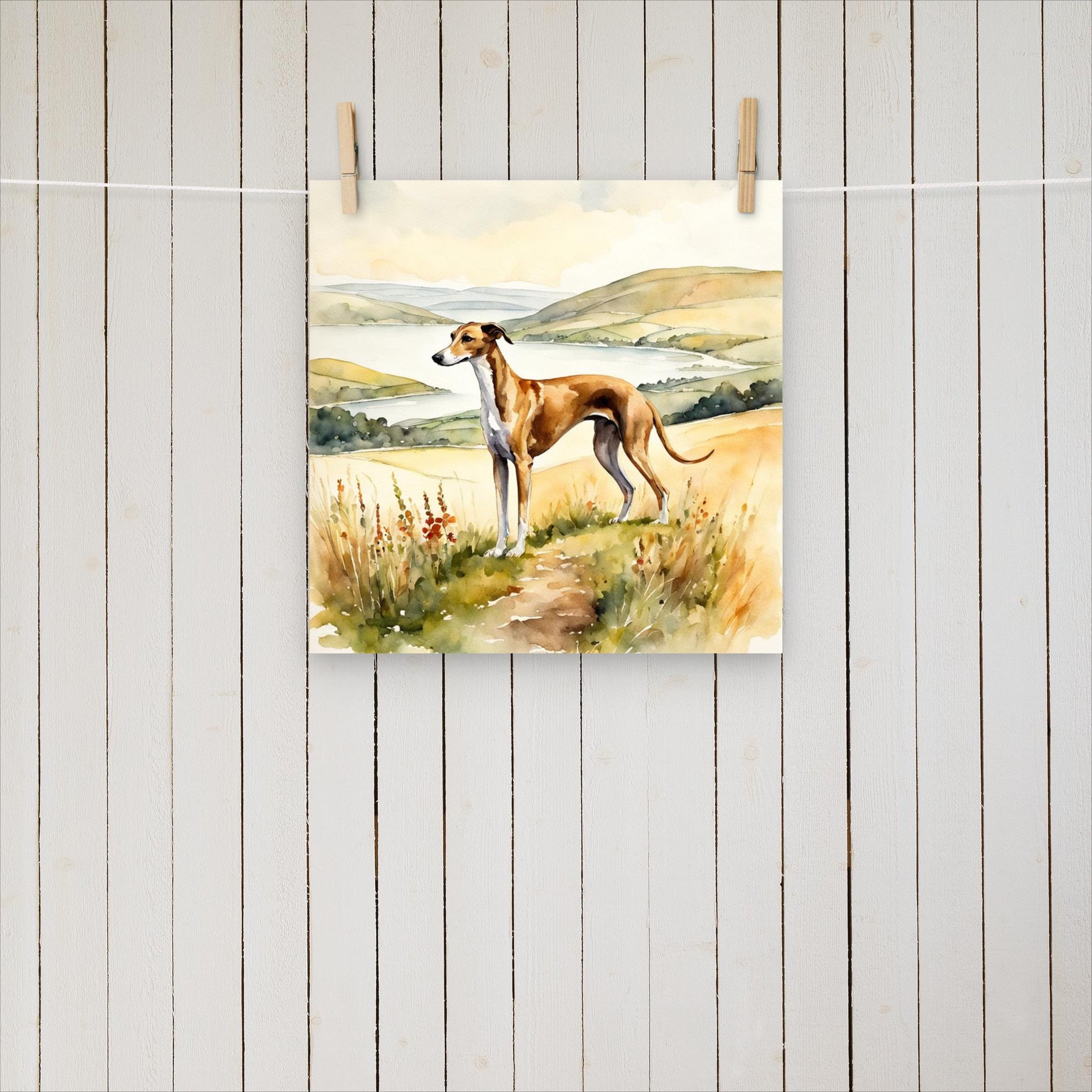 Greyhound on a hill by a lake - Poster - Sighthound Creatives