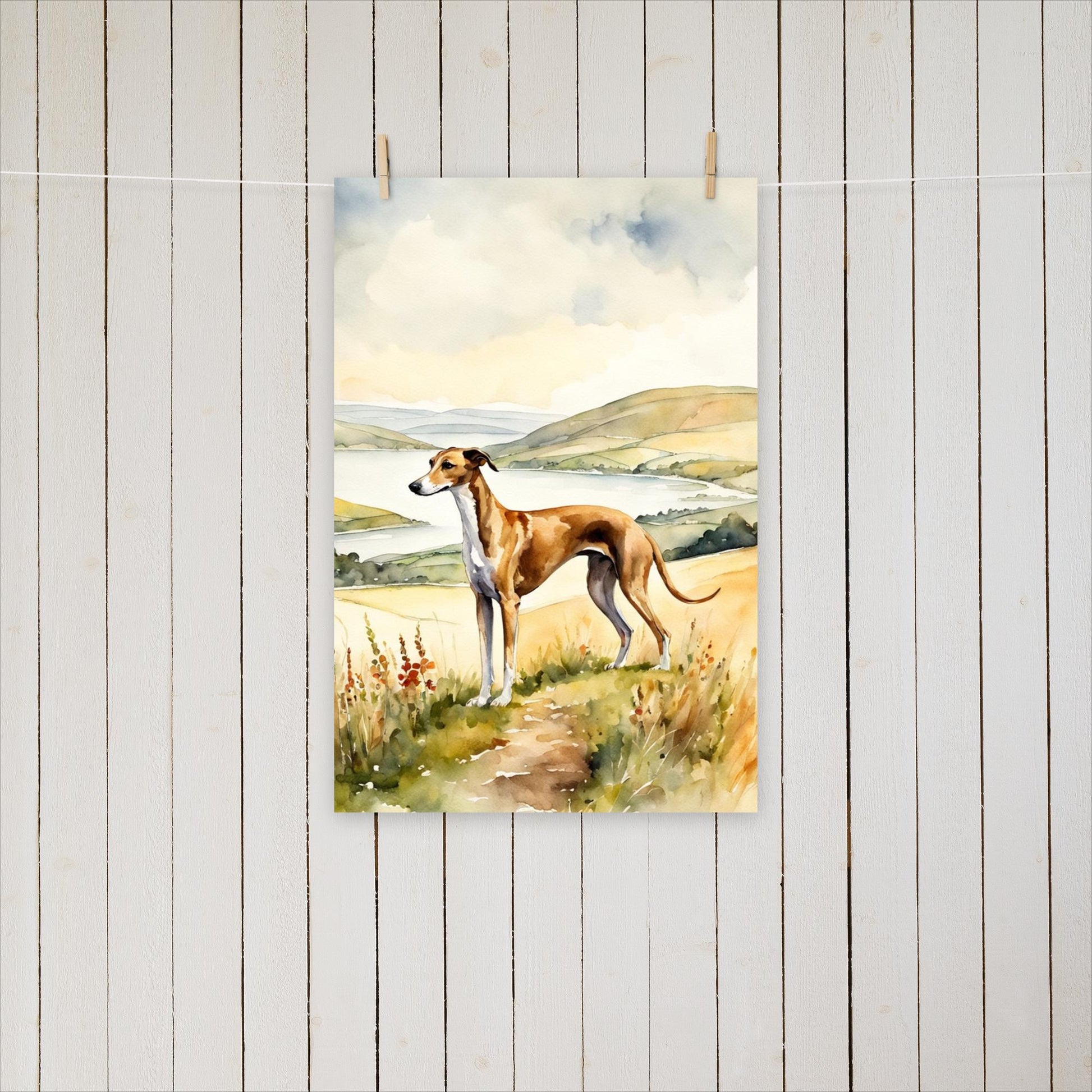 Greyhound on a hill by a lake - Poster - Sighthound Creatives