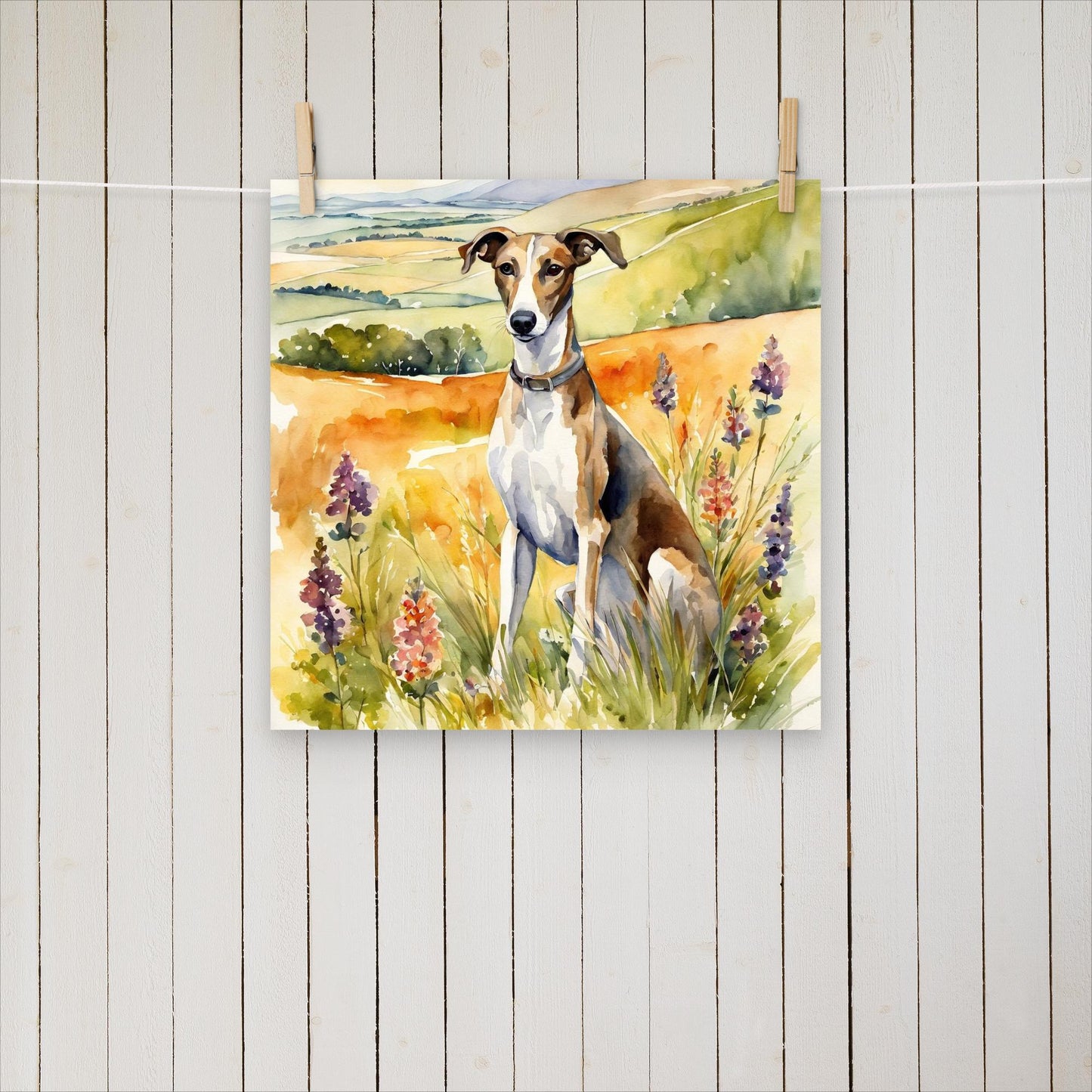 Greyhound sitting with flowers - Poster - Sighthound Creatives