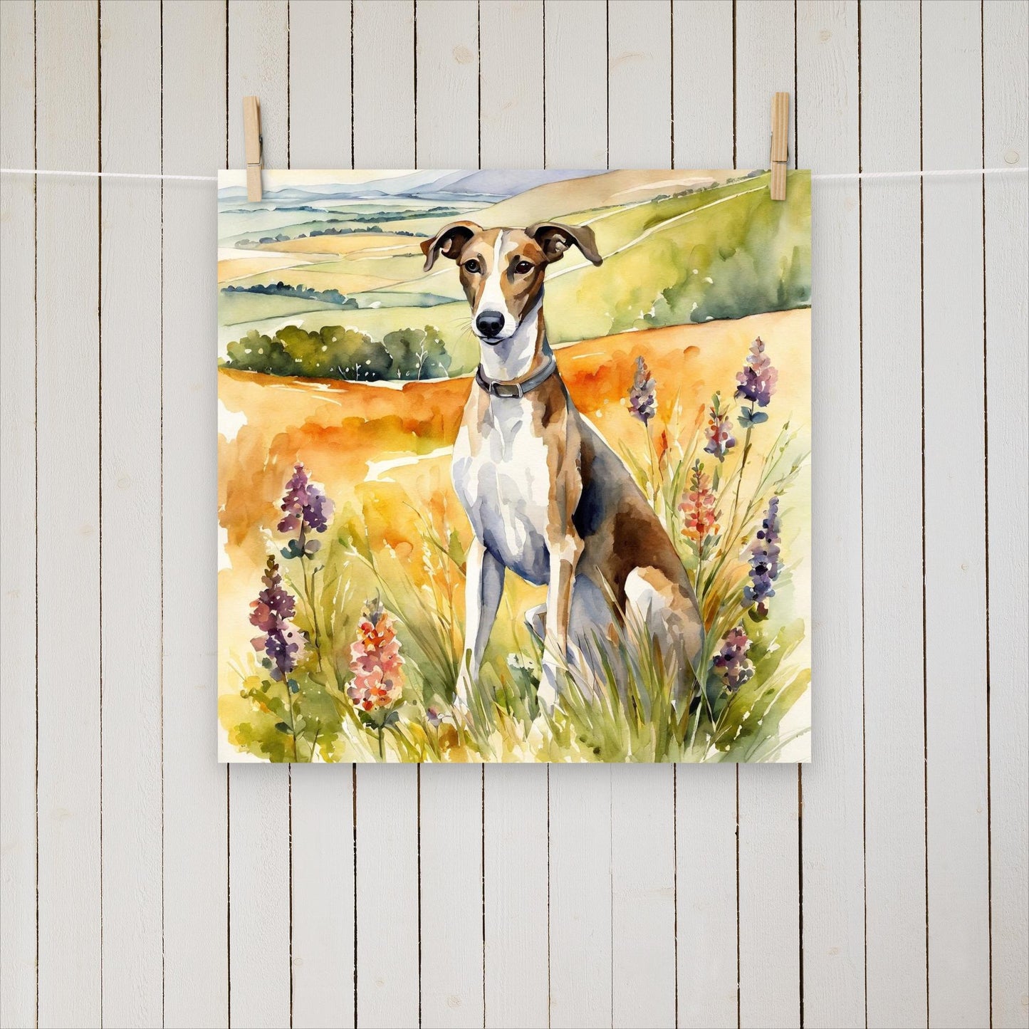 Greyhound sitting with flowers - Poster - Sighthound Creatives