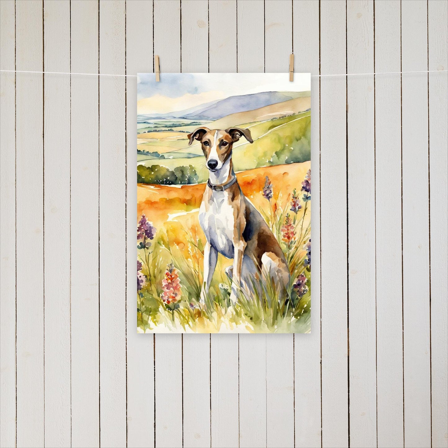 Greyhound sitting with flowers - Poster - Sighthound Creatives