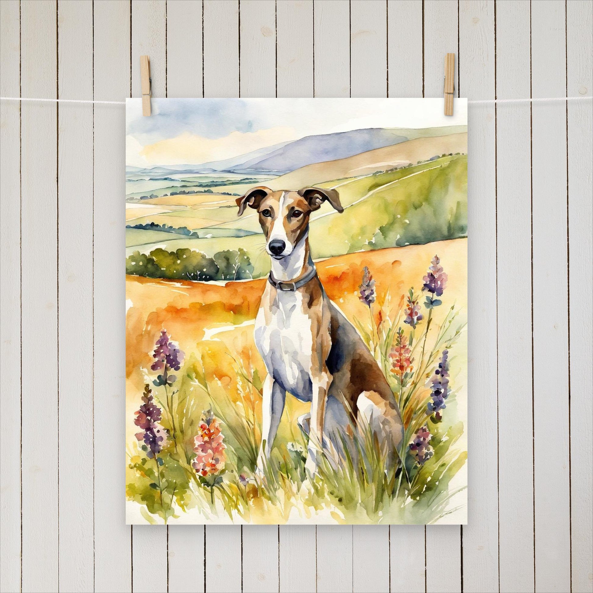 Greyhound sitting with flowers - Poster - Sighthound Creatives