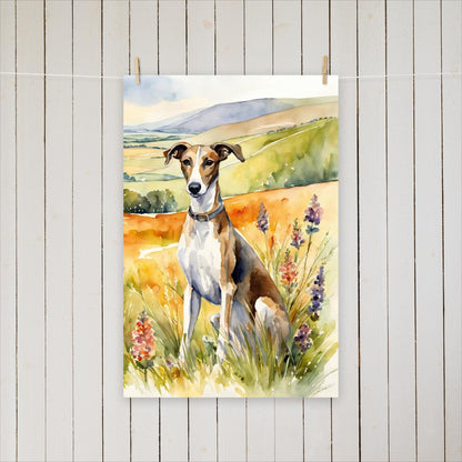 Greyhound sitting with flowers - Poster - Sighthound Creatives