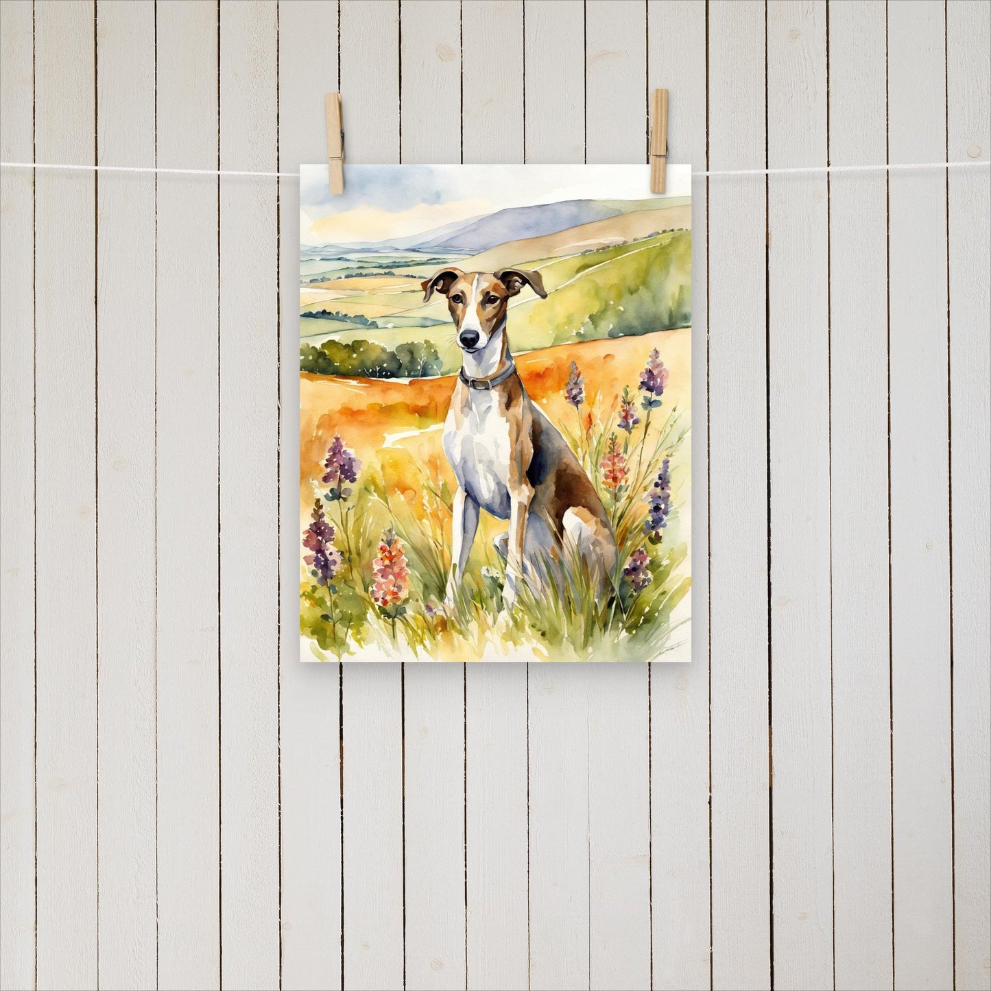 Greyhound sitting with flowers - Poster - Sighthound Creatives