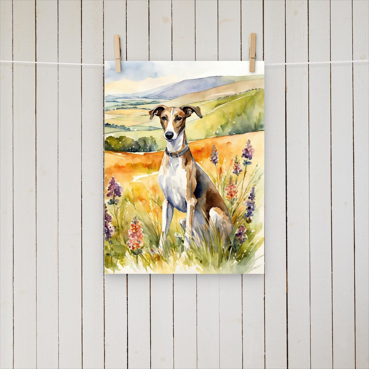 Greyhound sitting with flowers - Poster - Sighthound Creatives