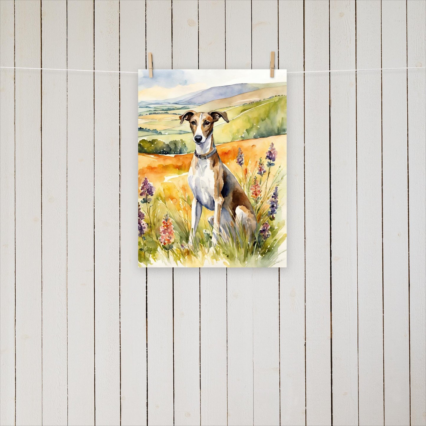 Greyhound sitting with flowers - Poster - Sighthound Creatives