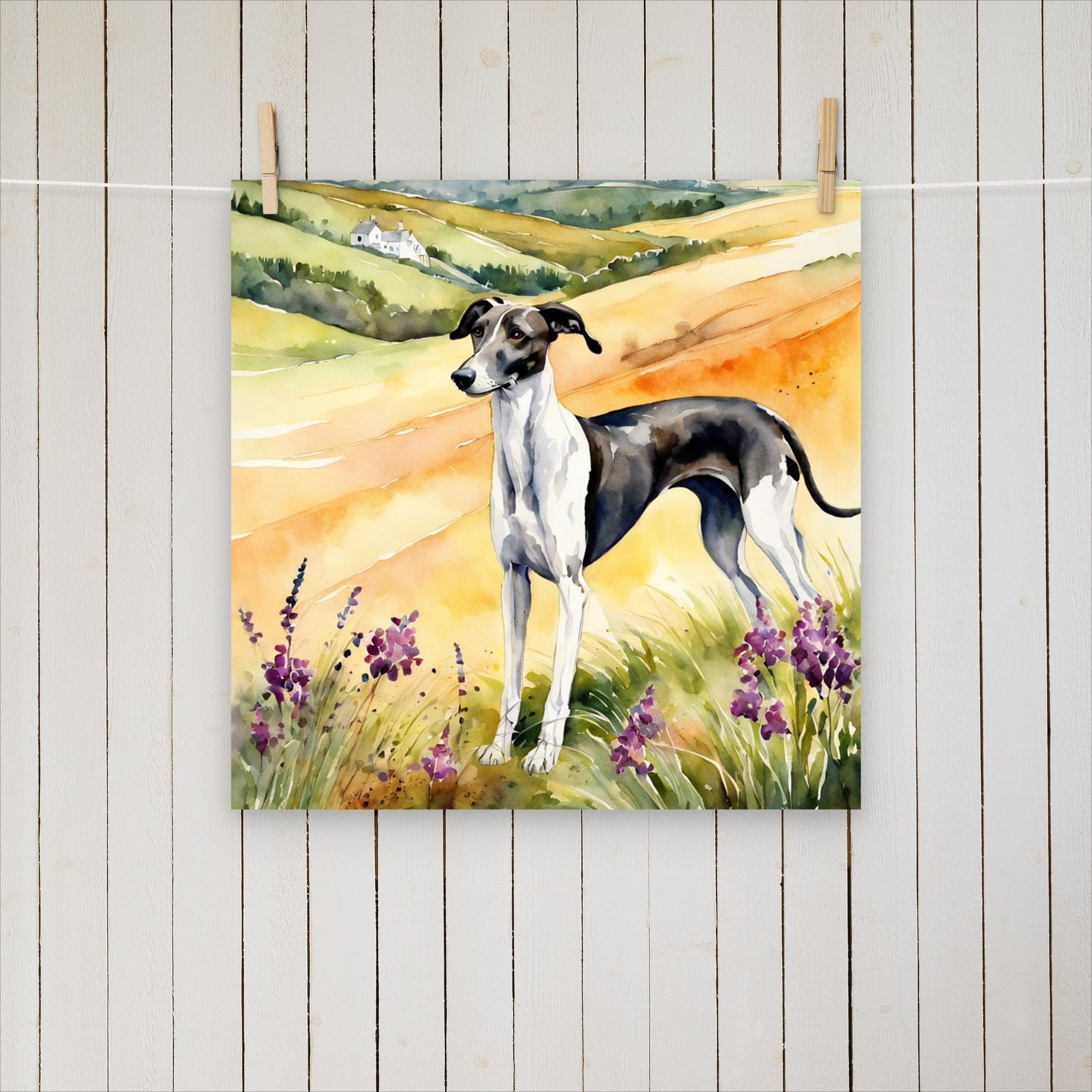 Greyhound standing amongst the hills - Poster - Sighthound Creatives