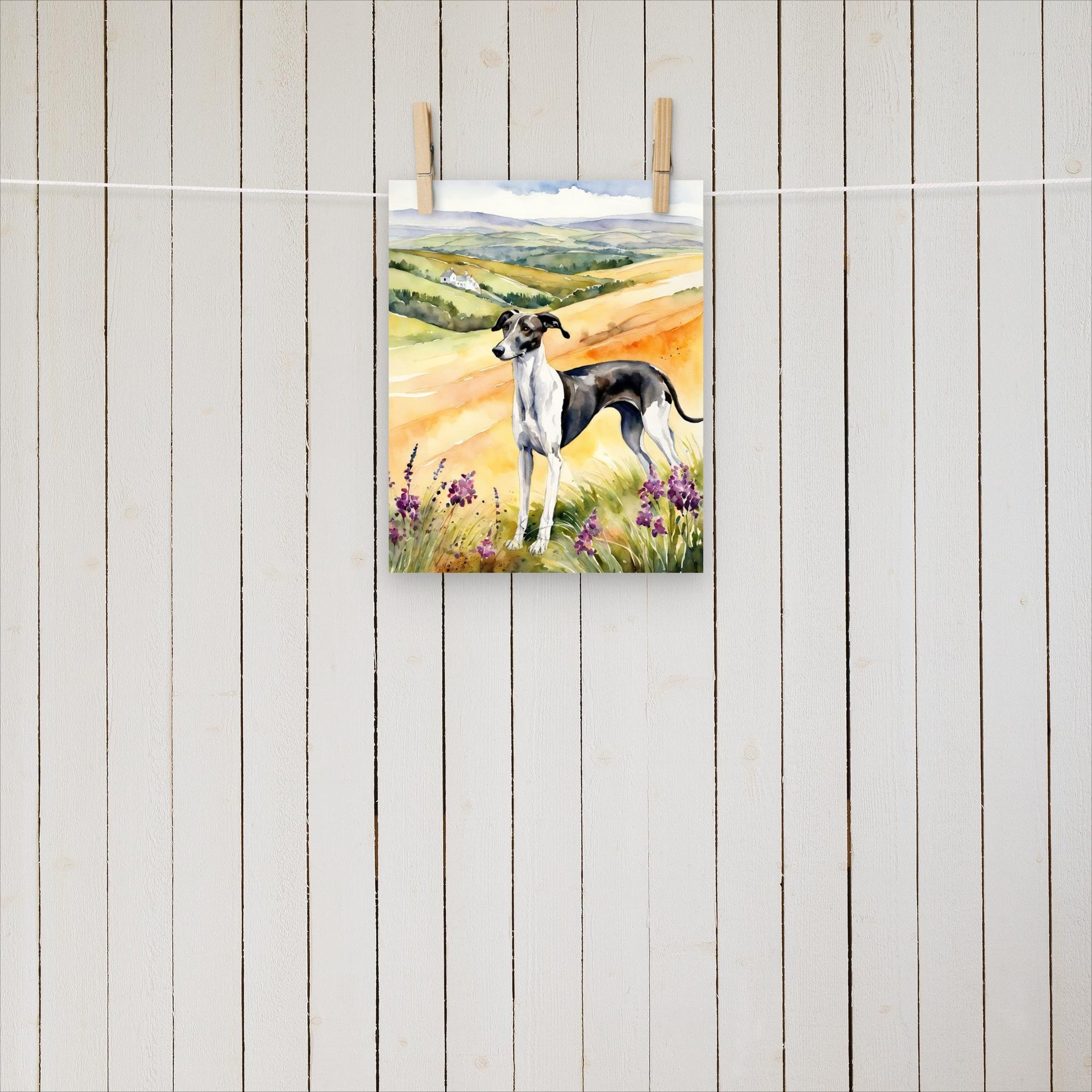 Greyhound standing amongst the hills - Poster - Sighthound Creatives