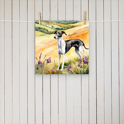 Greyhound standing amongst the hills - Poster - Sighthound Creatives