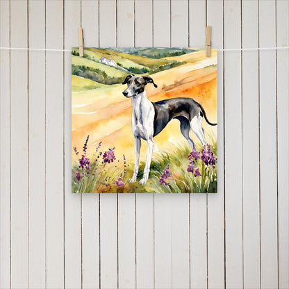 Greyhound standing amongst the hills - Poster - Sighthound Creatives