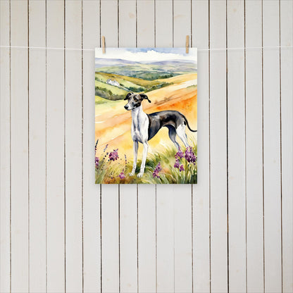 Greyhound standing amongst the hills - Poster - Sighthound Creatives