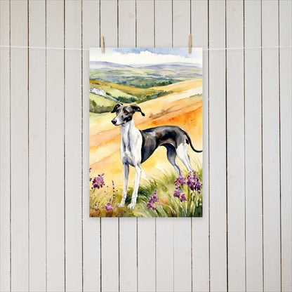 Greyhound standing amongst the hills - Poster - Sighthound Creatives