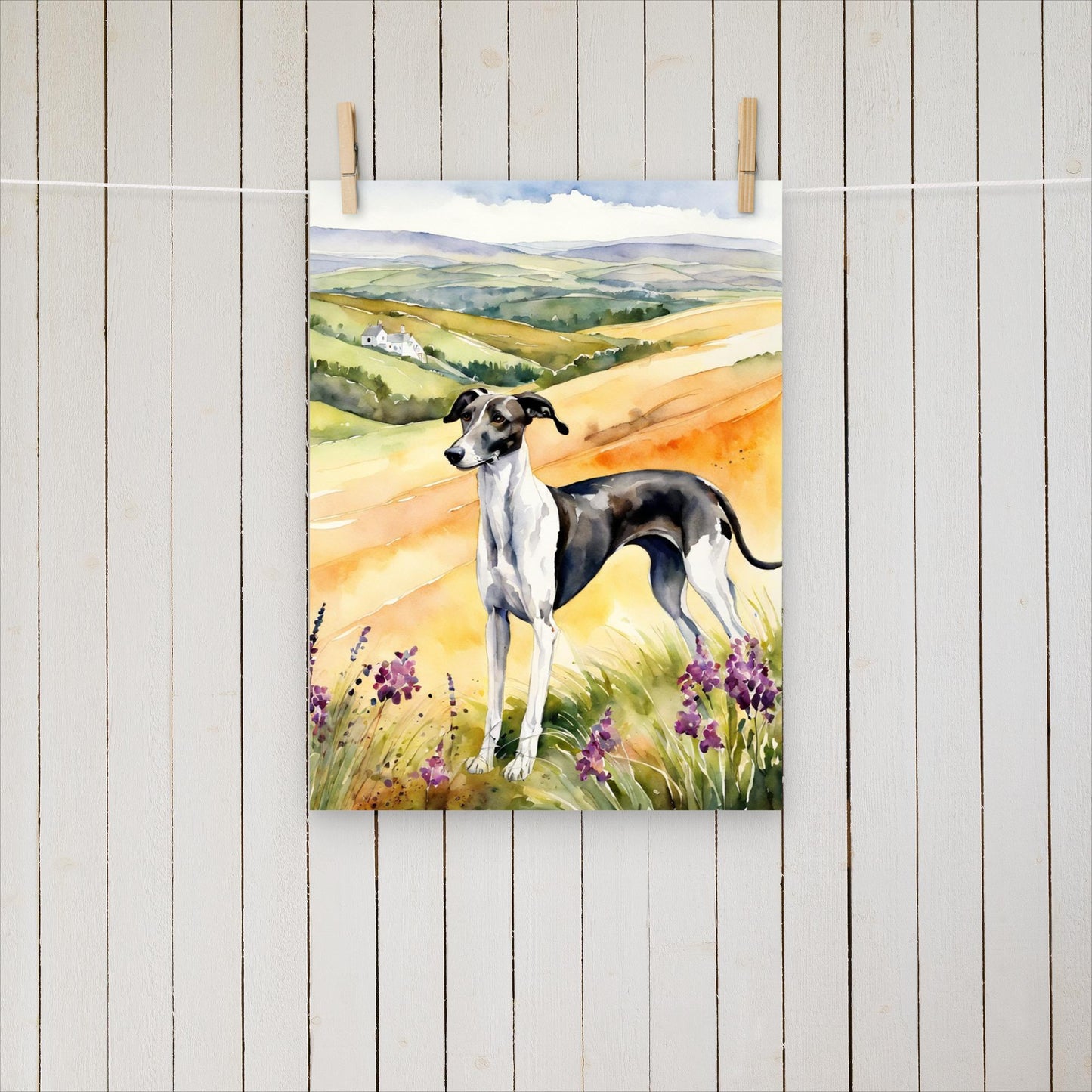 Greyhound standing amongst the hills - Poster - Sighthound Creatives