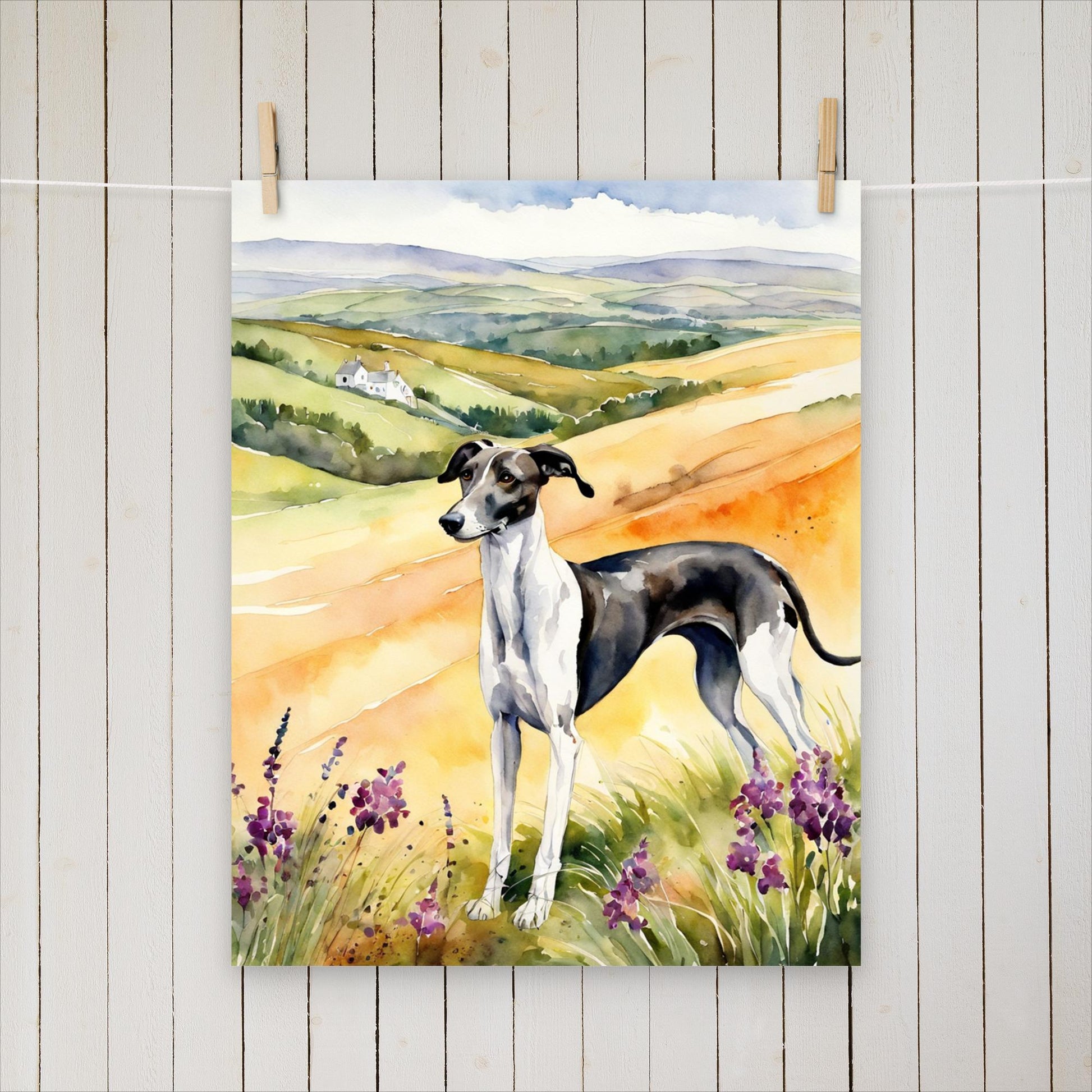 Greyhound standing amongst the hills - Poster - Sighthound Creatives