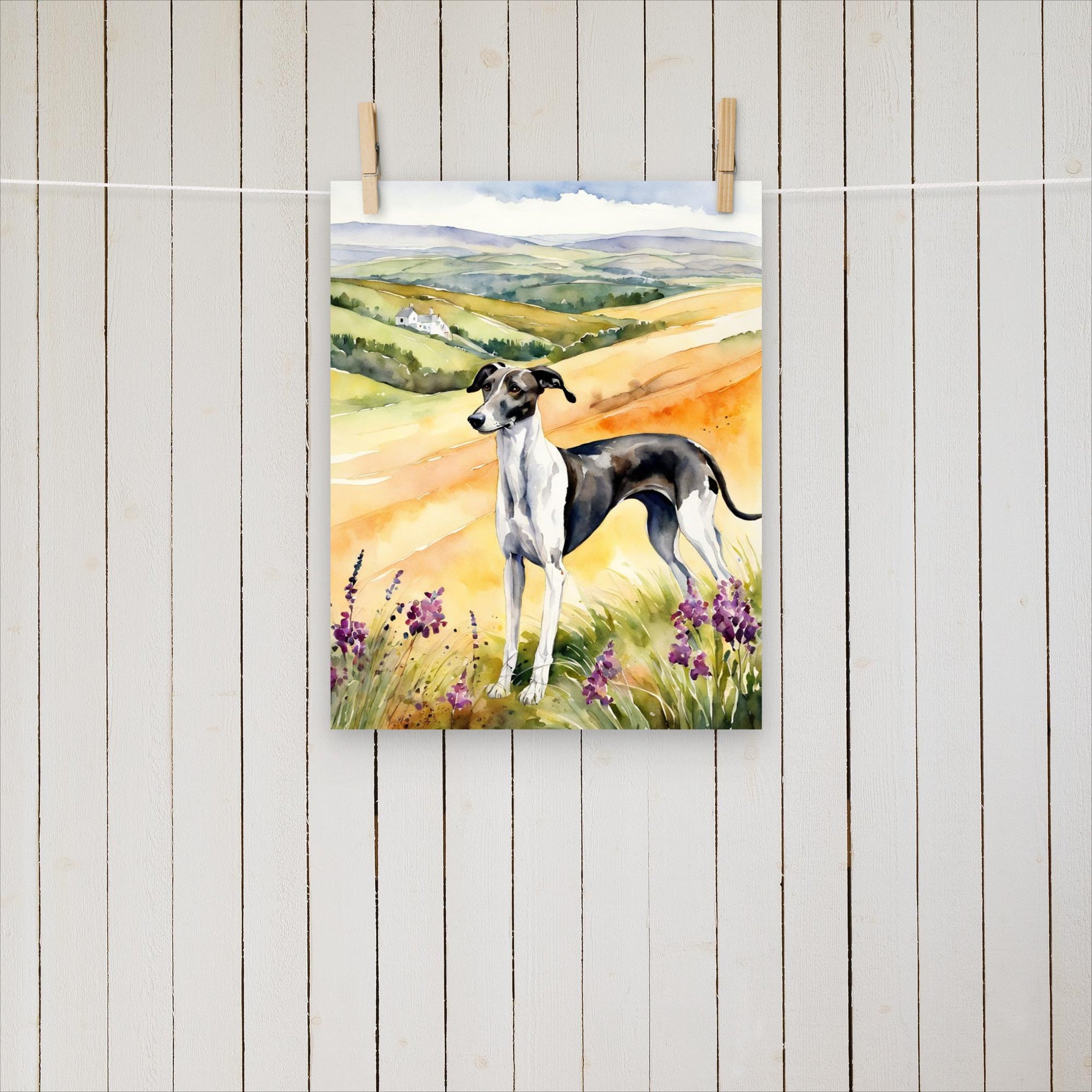 Greyhound standing amongst the hills - Poster - Sighthound Creatives