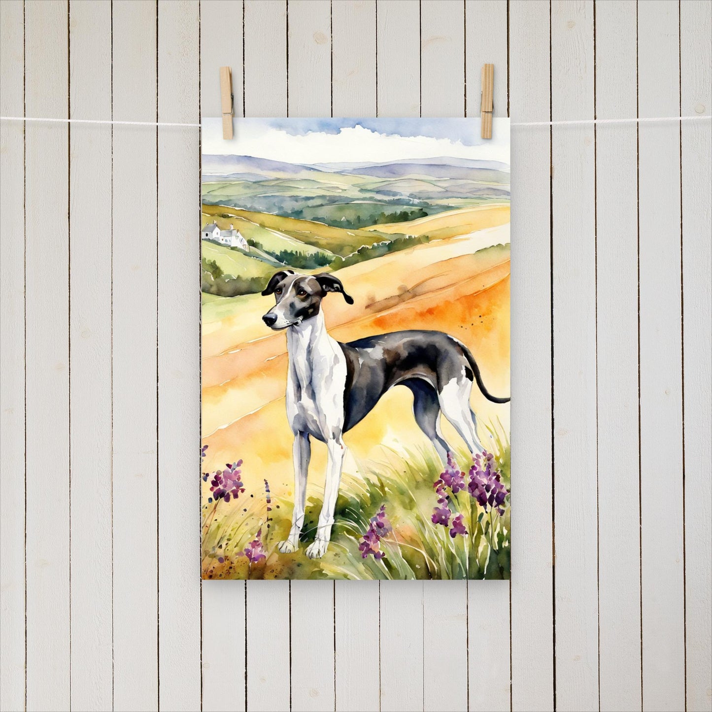 Greyhound standing amongst the hills - Poster - Sighthound Creatives