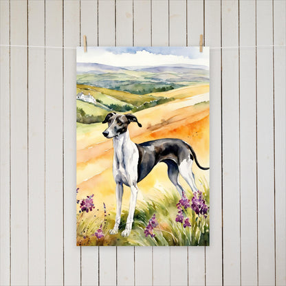 Greyhound standing amongst the hills - Poster - Sighthound Creatives