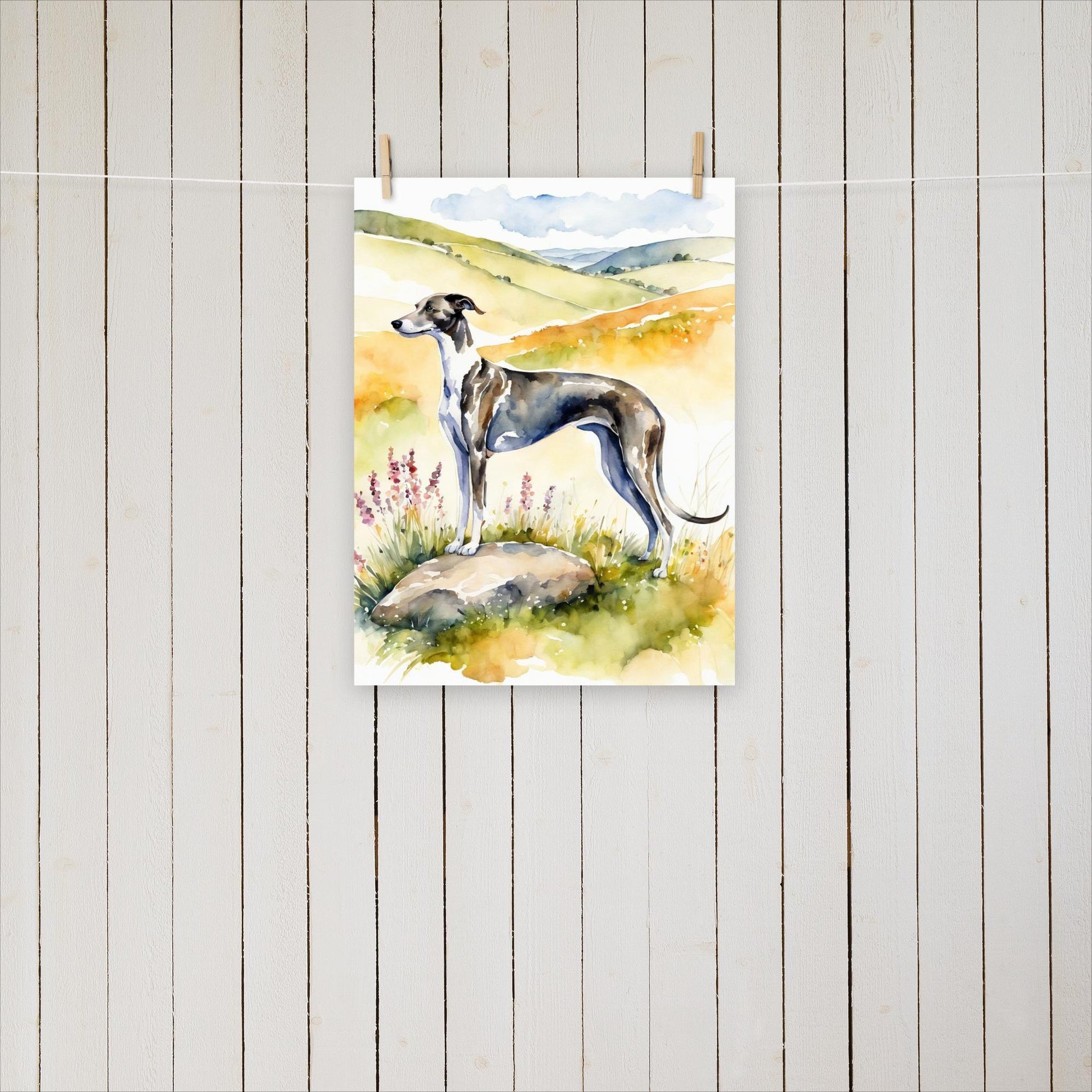 Greyhound standing on a rock looking out over the hills. - Poster - Sighthound Creatives