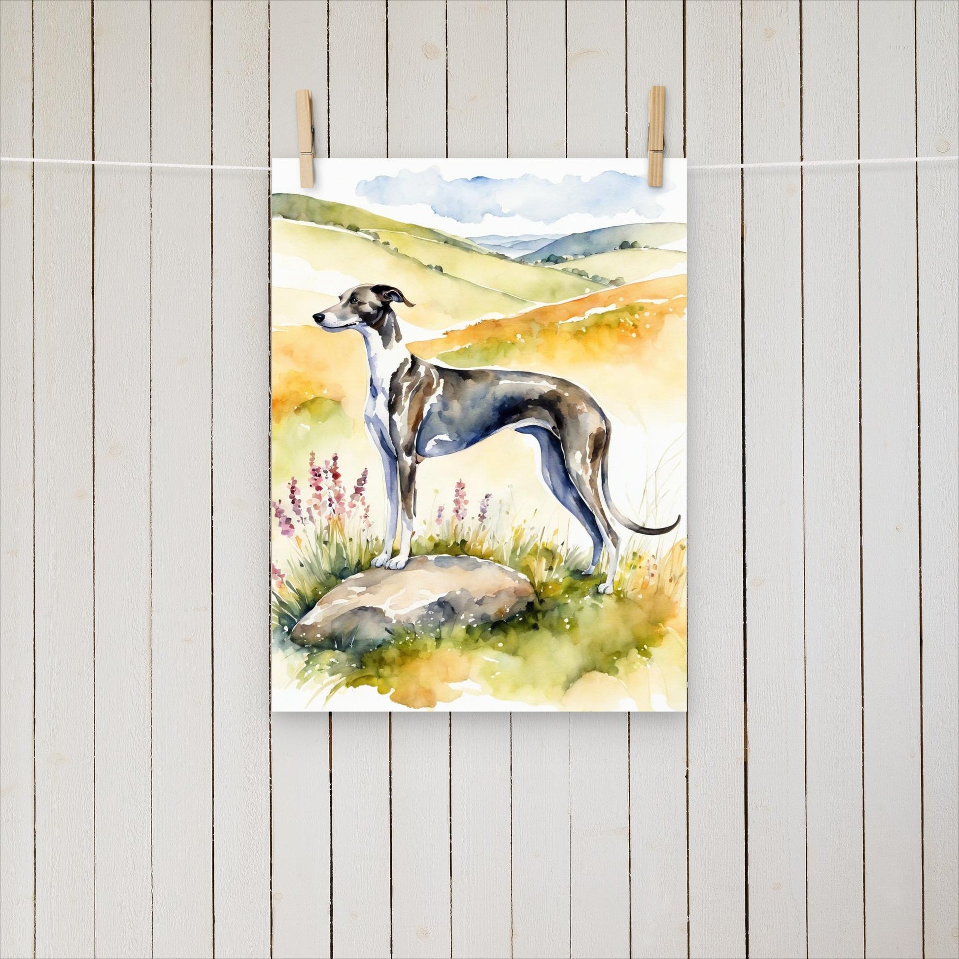 Greyhound standing on a rock looking out over the hills. - Poster - Sighthound Creatives