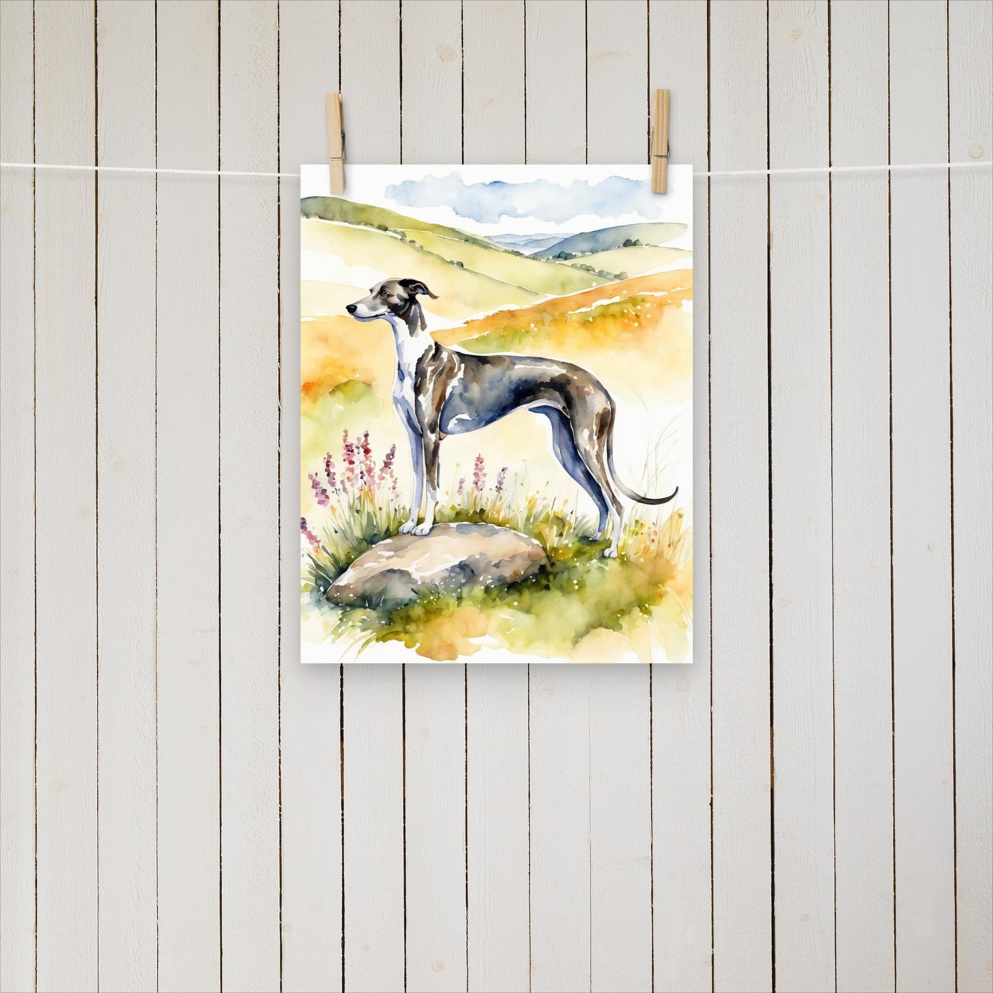 Greyhound standing on a rock looking out over the hills. - Poster - Sighthound Creatives