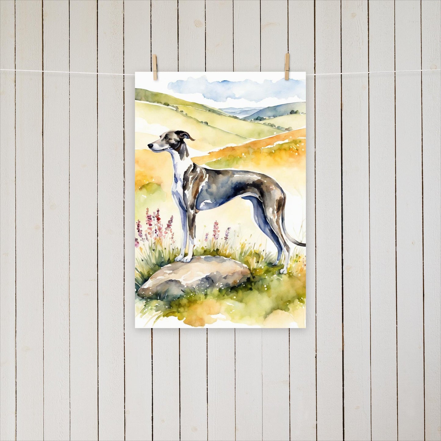 Greyhound standing on a rock looking out over the hills. - Poster - Sighthound Creatives