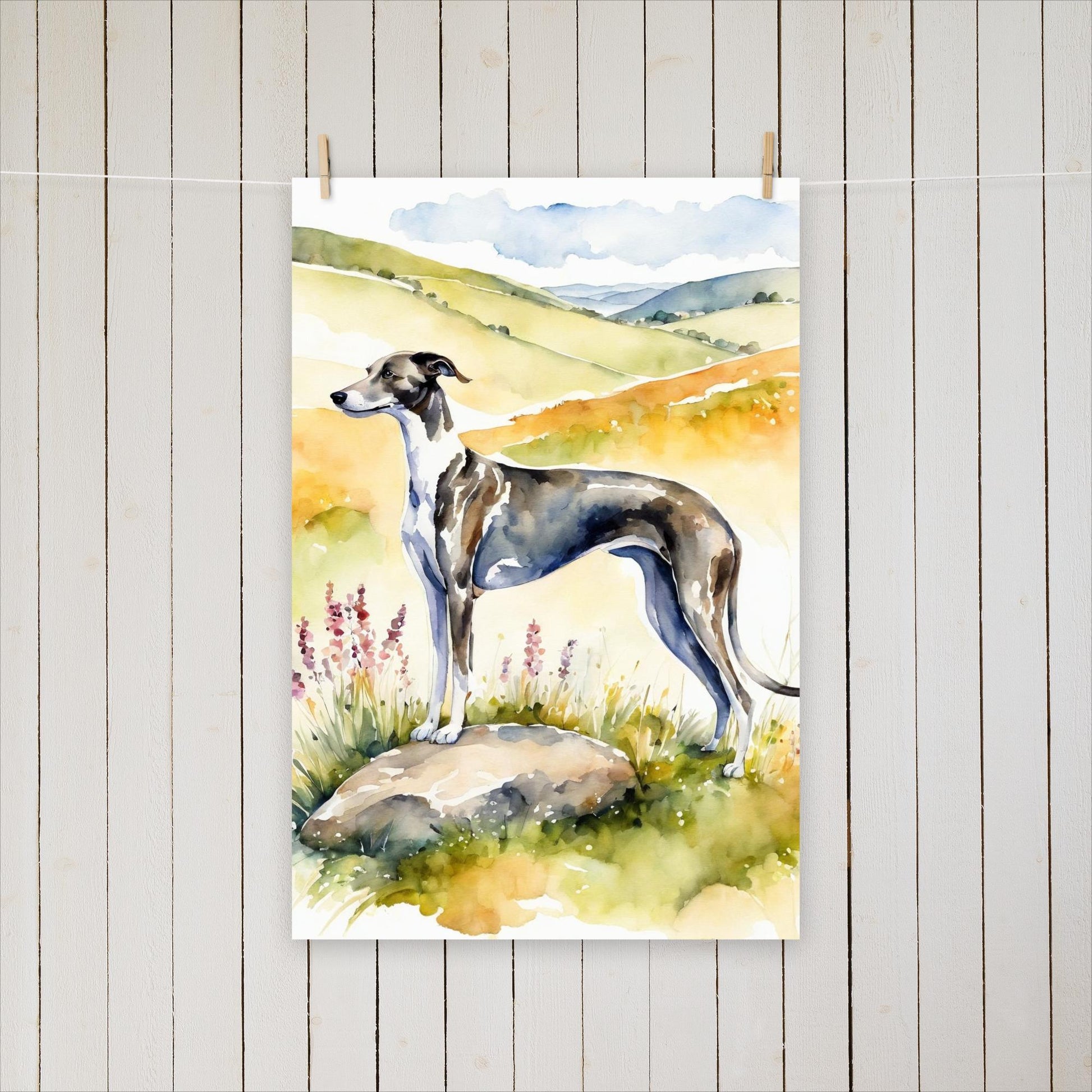 Greyhound standing on a rock looking out over the hills. - Poster - Sighthound Creatives