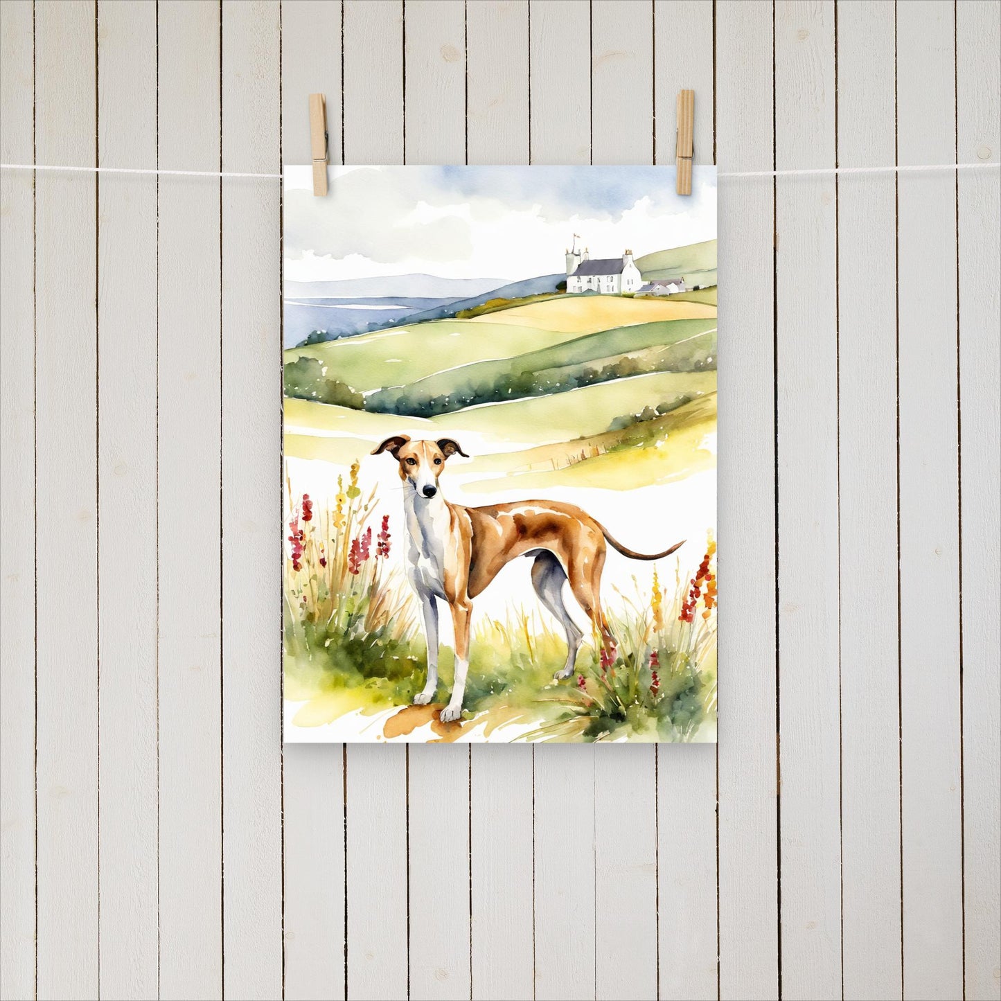 Greyhound with flowers and hills - Poster - Sighthound Creatives