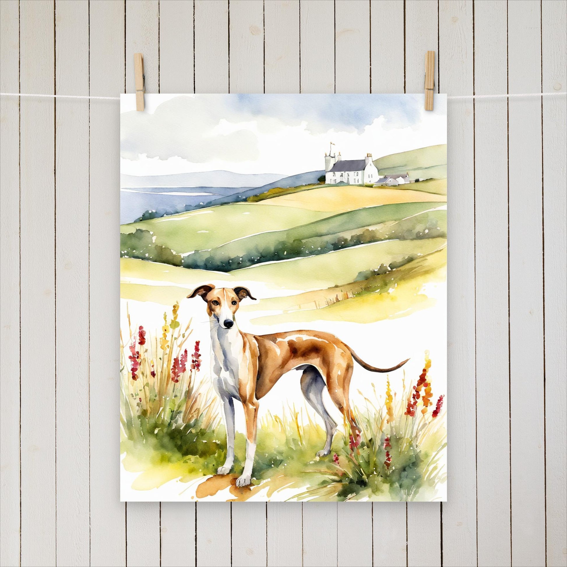 Greyhound with flowers and hills - Poster - Sighthound Creatives