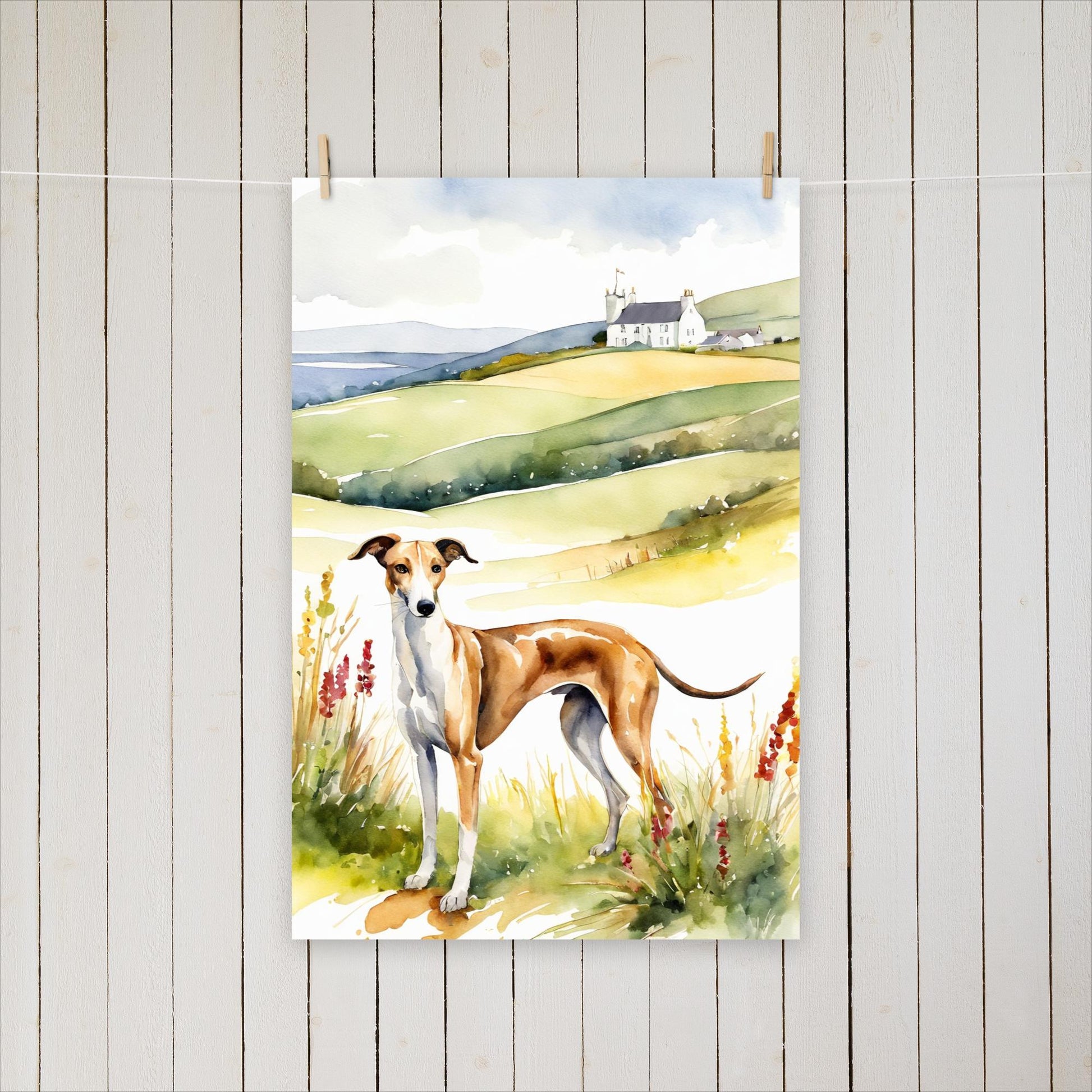 Greyhound with flowers and hills - Poster - Sighthound Creatives